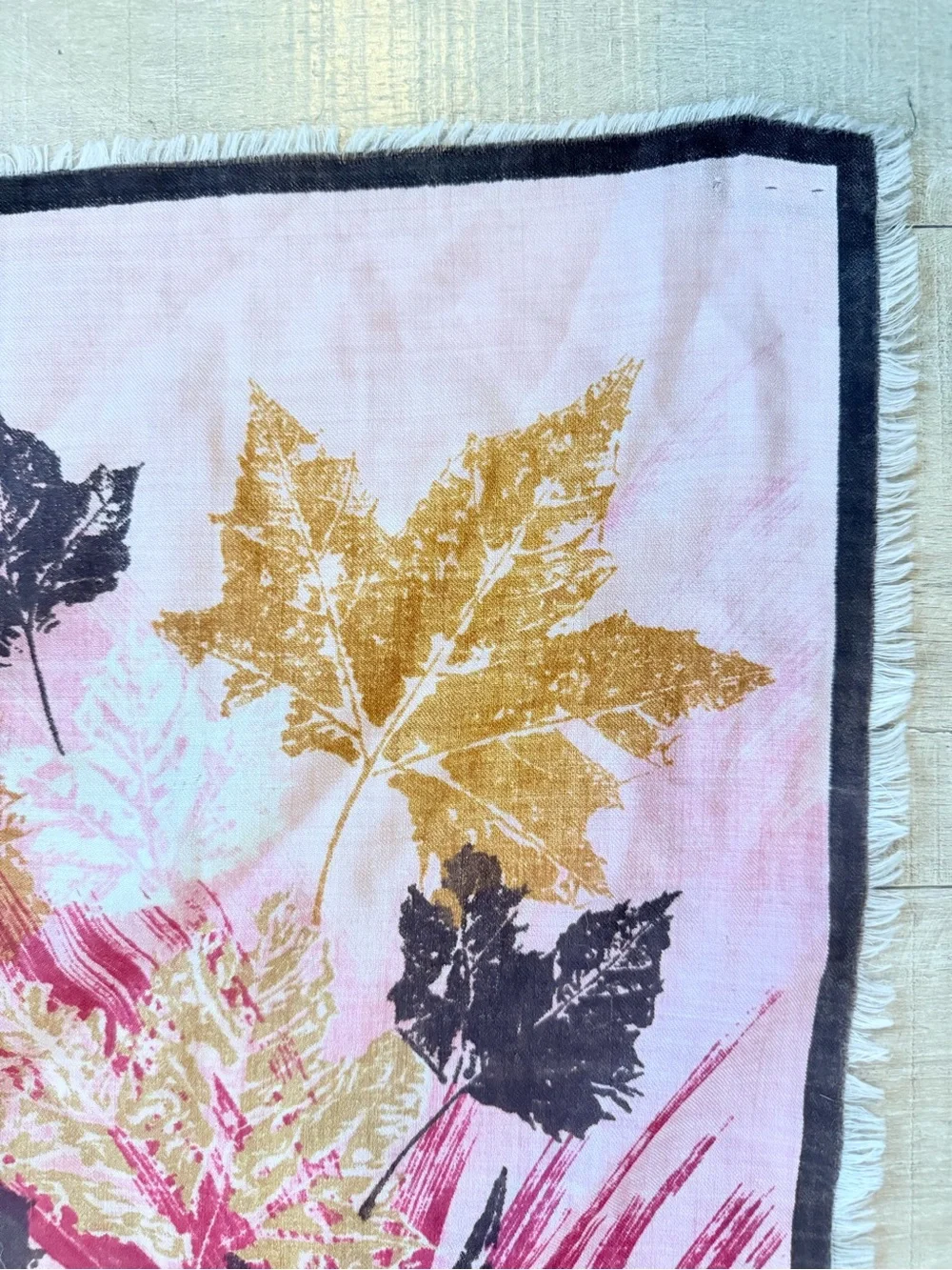 VTG Leaf Print large Square wool scarf 30.5 x 30.5 Pink Burgundy brown mustard